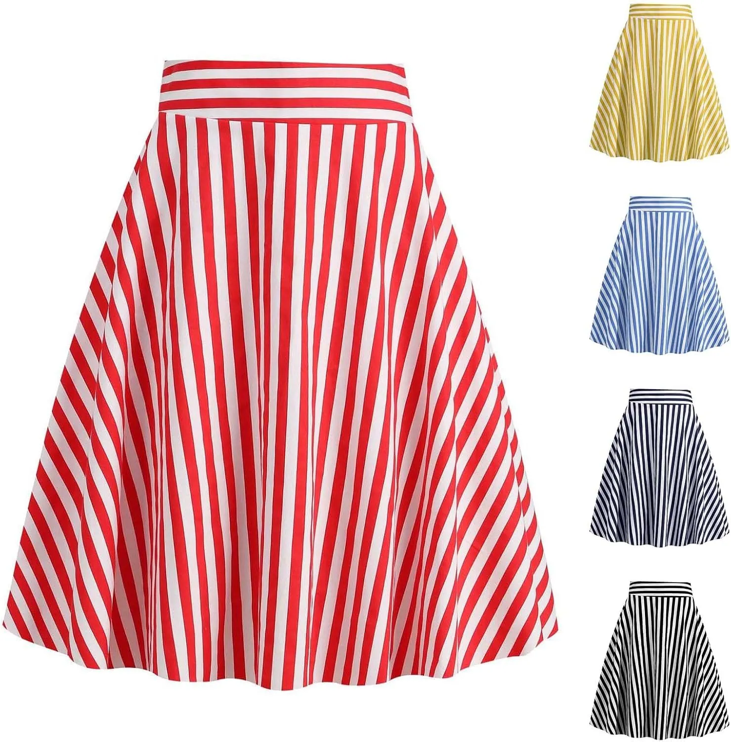 1950s Vintage Skirts for Women High Waist A-Line Flared Skirt Office Casual Knee Length Striped Mini Skirt