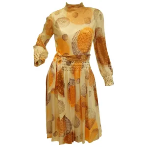 1960s Amber Silk Op Art Cocktail Dress and Vest