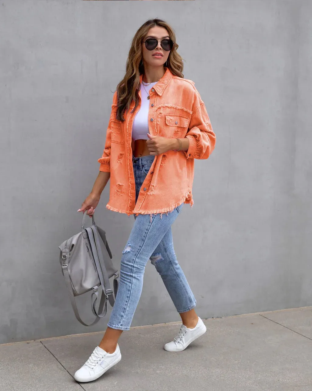 2023 Holes Raw-edges Denim Jacket Women Spring Autumn Shirt Style Jeancoat Casual Top Rose-Red Orange Purple Outerwear Lady Coat