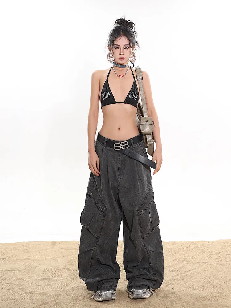 【24s January.】Distressed Buttoned Cargo Jeans with Large Pockets