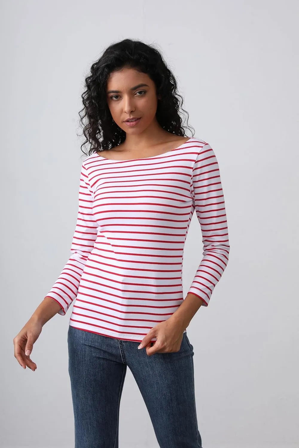 3/4 Long Sleeve Women's Tops Striped Boat Neck Shirt Breton French Cotton T-Shirt