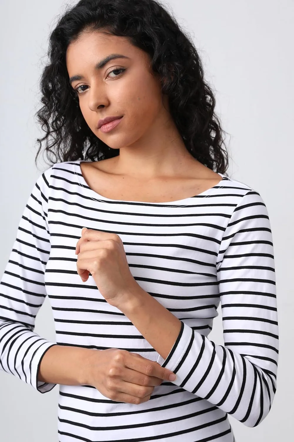 3/4 Long Sleeve Women's Tops Striped Boat Neck Shirt Breton French Cotton T-Shirt