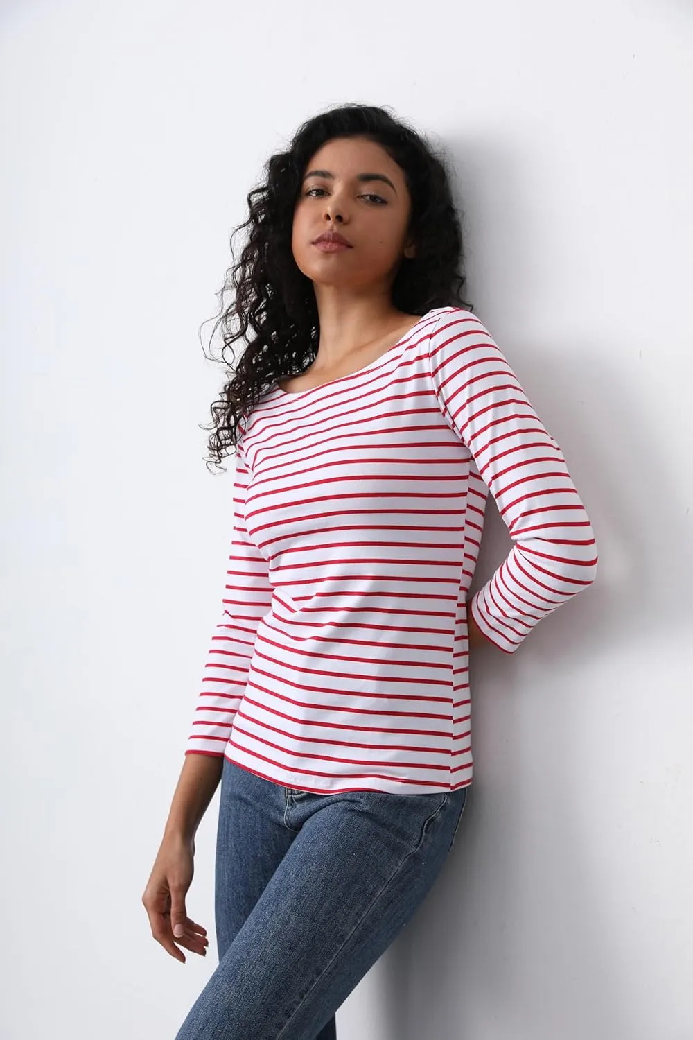 3/4 Long Sleeve Women's Tops Striped Boat Neck Shirt Breton French Cotton T-Shirt