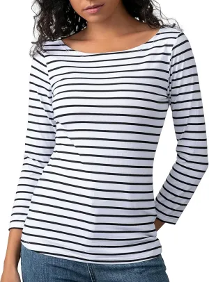 3/4 Long Sleeve Women's Tops Striped Boat Neck Shirt Breton French Cotton T-Shirt