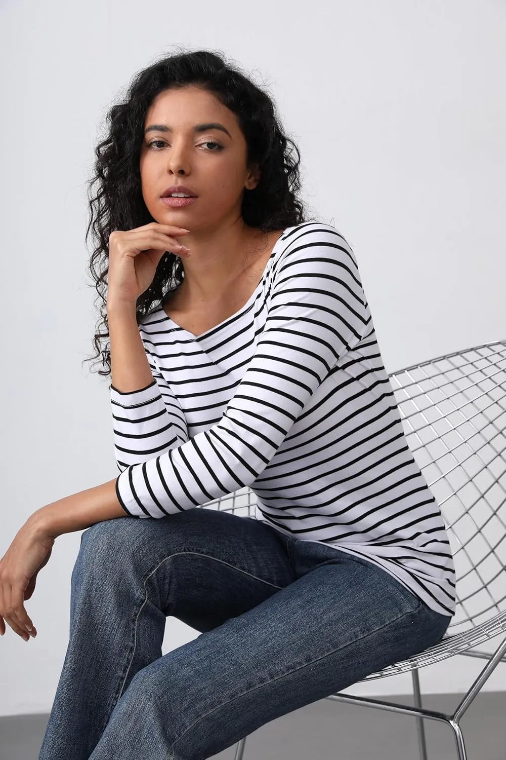 3/4 Long Sleeve Women's Tops Striped Boat Neck Shirt Breton French Cotton T-Shirt