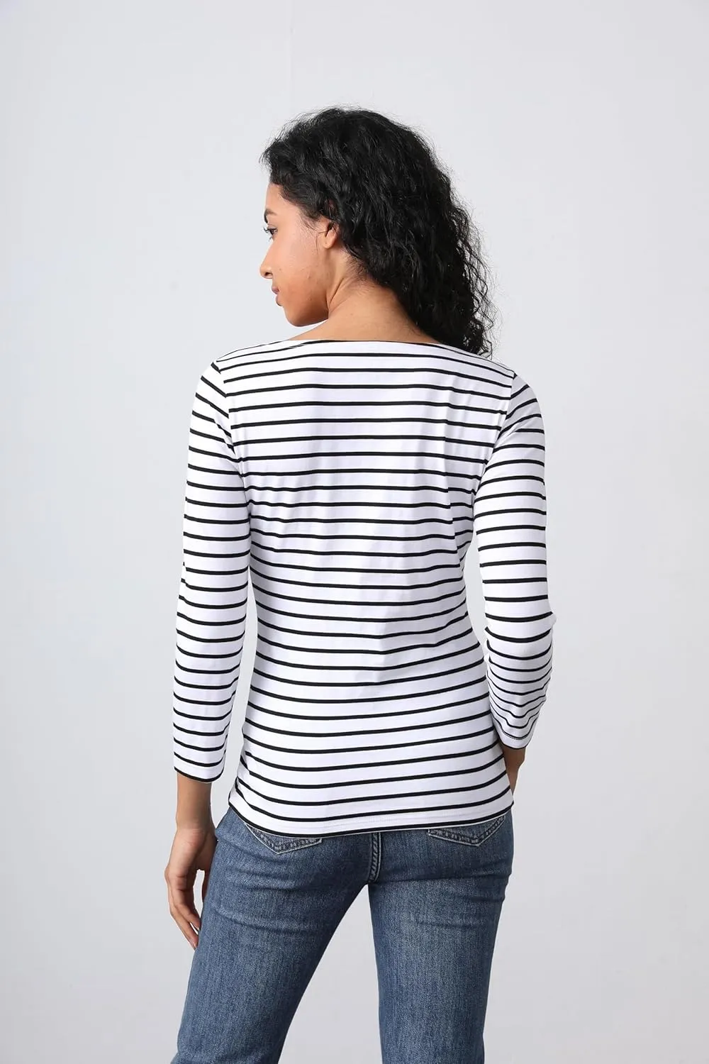 3/4 Long Sleeve Women's Tops Striped Boat Neck Shirt Breton French Cotton T-Shirt