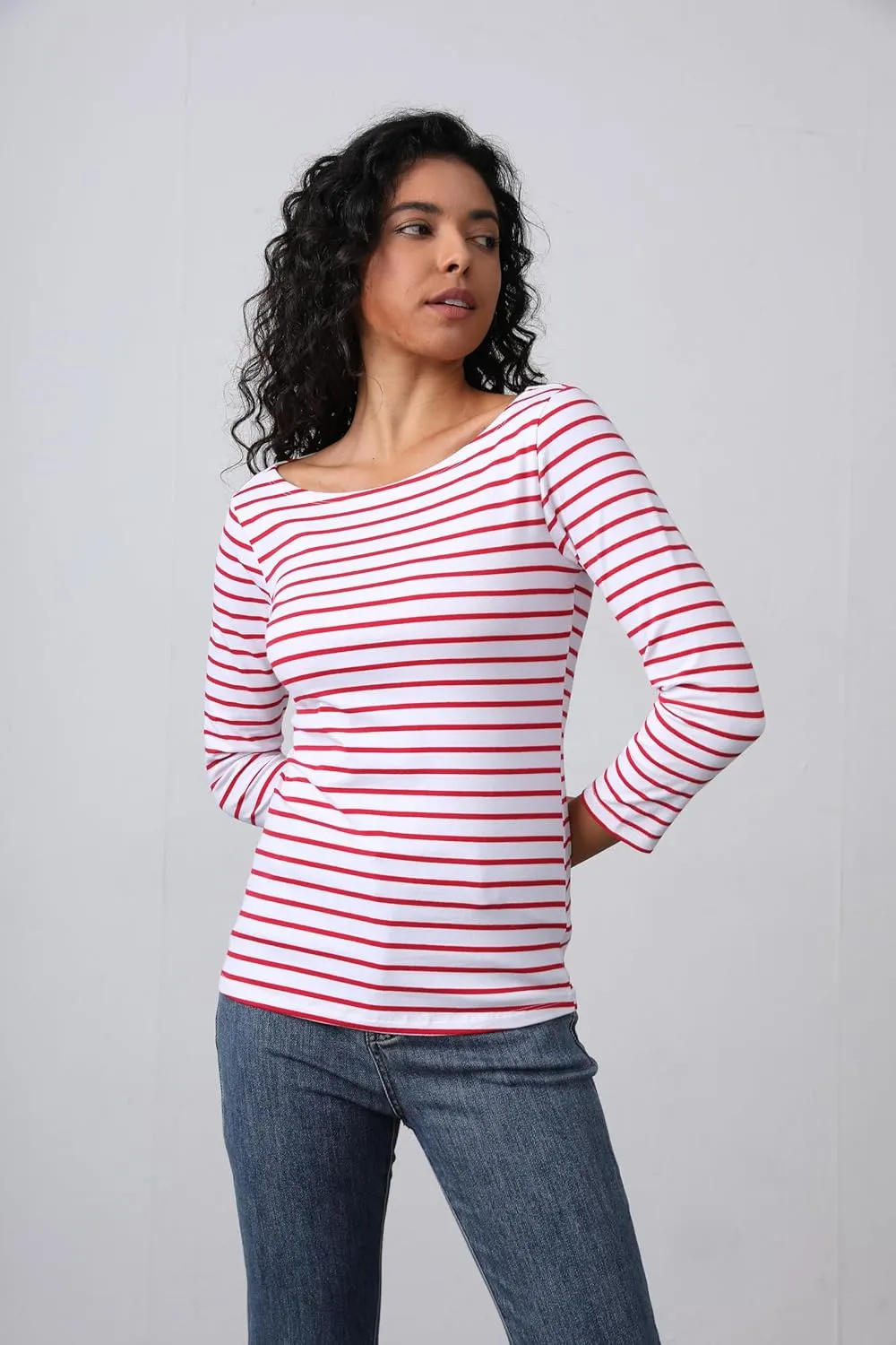 3/4 Long Sleeve Women's Tops Striped Boat Neck Shirt Breton French Cotton T-Shirt