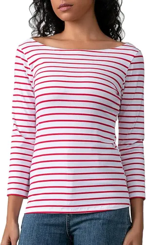 3/4 Long Sleeve Women's Tops Striped Boat Neck Shirt Breton French Cotton T-Shirt