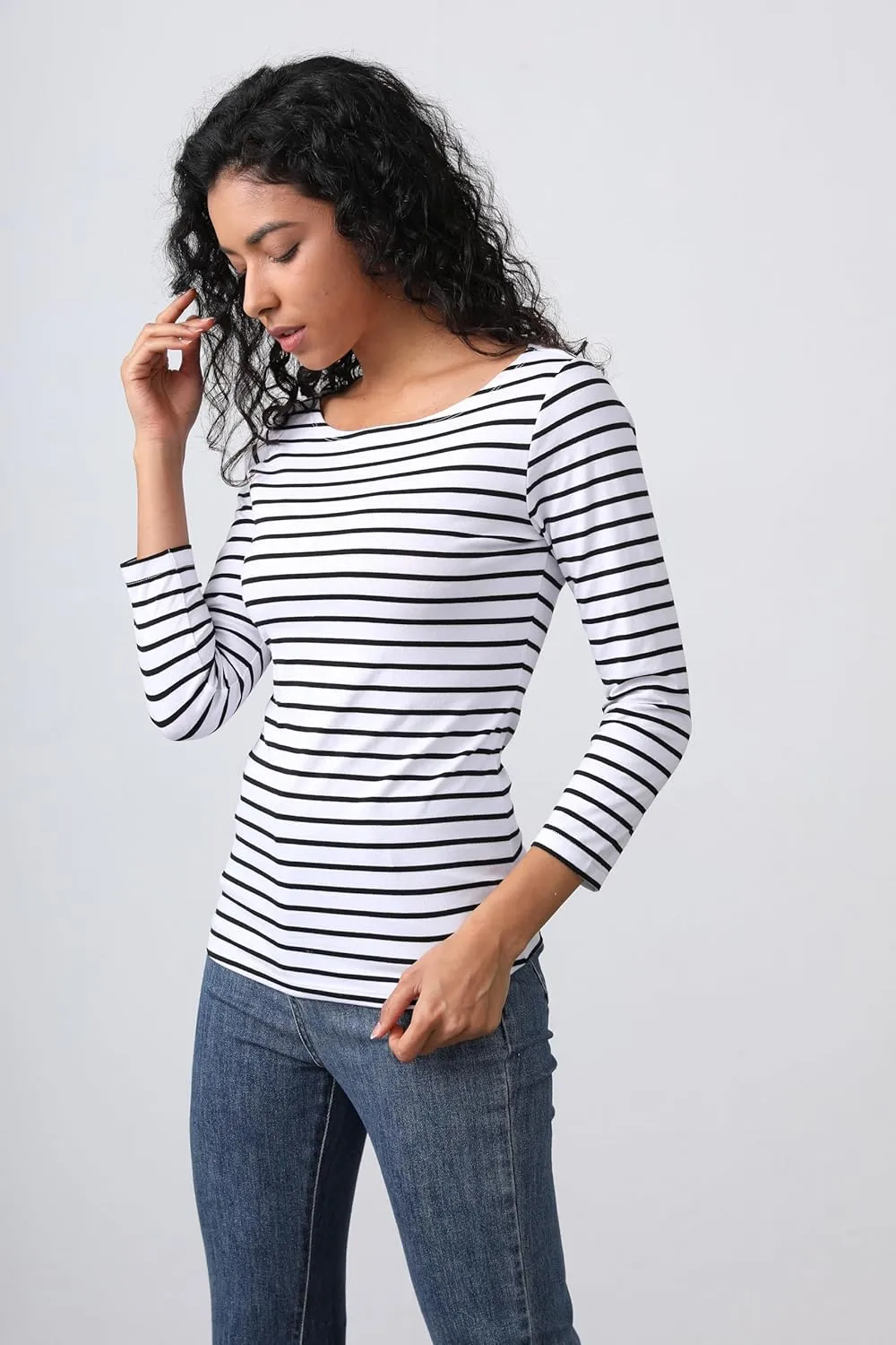 3/4 Long Sleeve Women's Tops Striped Boat Neck Shirt Breton French Cotton T-Shirt