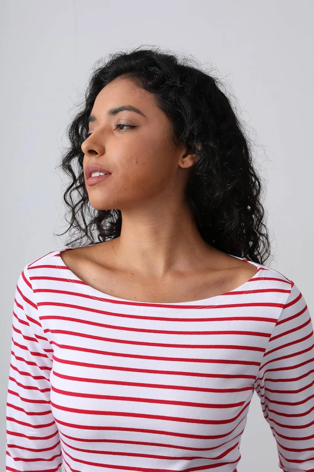 3/4 Long Sleeve Women's Tops Striped Boat Neck Shirt Breton French Cotton T-Shirt