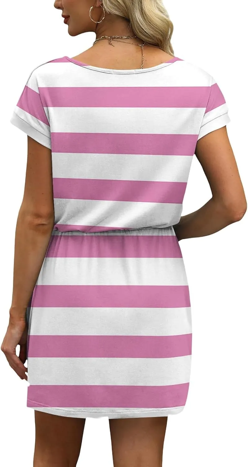 BAXLIMEK Mini Dresses for Women Summer Casual Loose V Neck Short Sleeve T Shirt Dress,Comfy Drawstring Striped Beach Dress