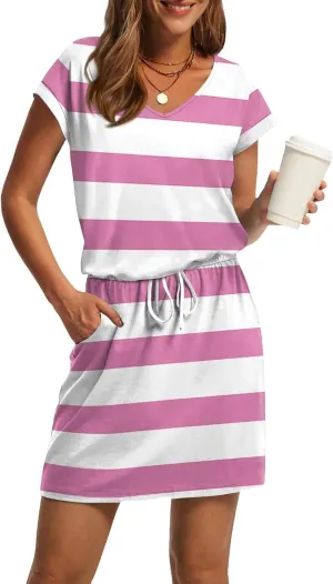 BAXLIMEK Mini Dresses for Women Summer Casual Loose V Neck Short Sleeve T Shirt Dress,Comfy Drawstring Striped Beach Dress