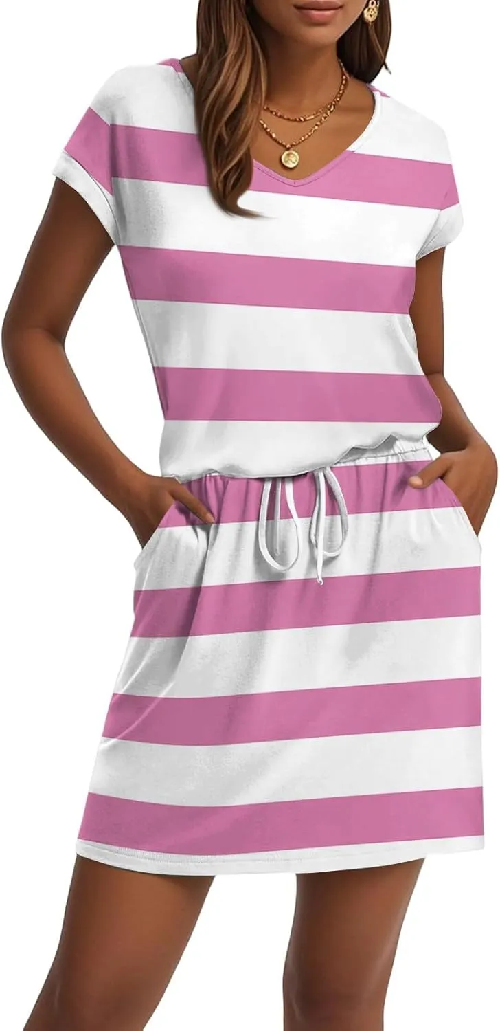 BAXLIMEK Mini Dresses for Women Summer Casual Loose V Neck Short Sleeve T Shirt Dress,Comfy Drawstring Striped Beach Dress