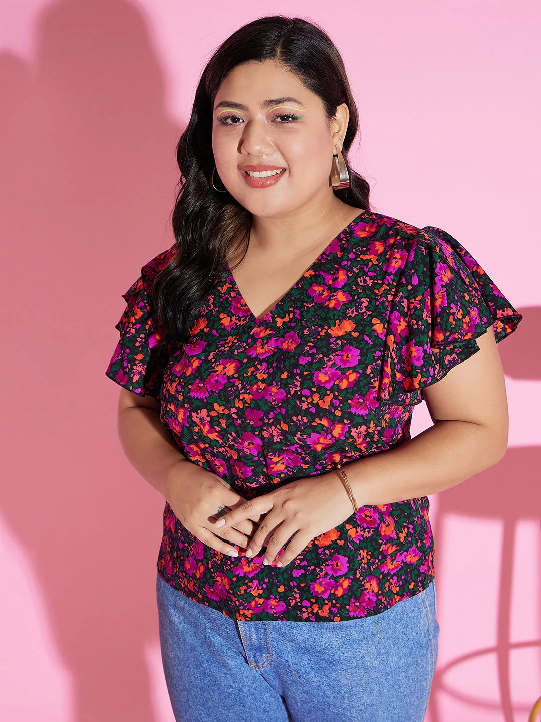 Berrylush Women Plus Size Purple & Green Floral Printed V-Neck Flutter Sleeve Crepe Ruffled Regular Top