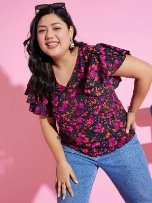 Berrylush Women Plus Size Purple & Green Floral Printed V-Neck Flutter Sleeve Crepe Ruffled Regular Top