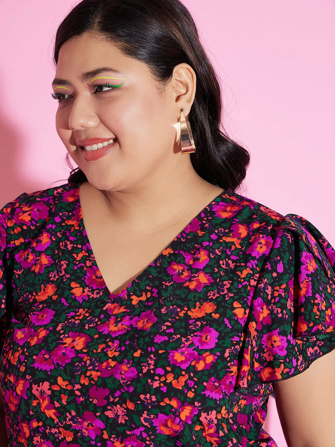 Berrylush Women Plus Size Purple & Green Floral Printed V-Neck Flutter Sleeve Crepe Ruffled Regular Top