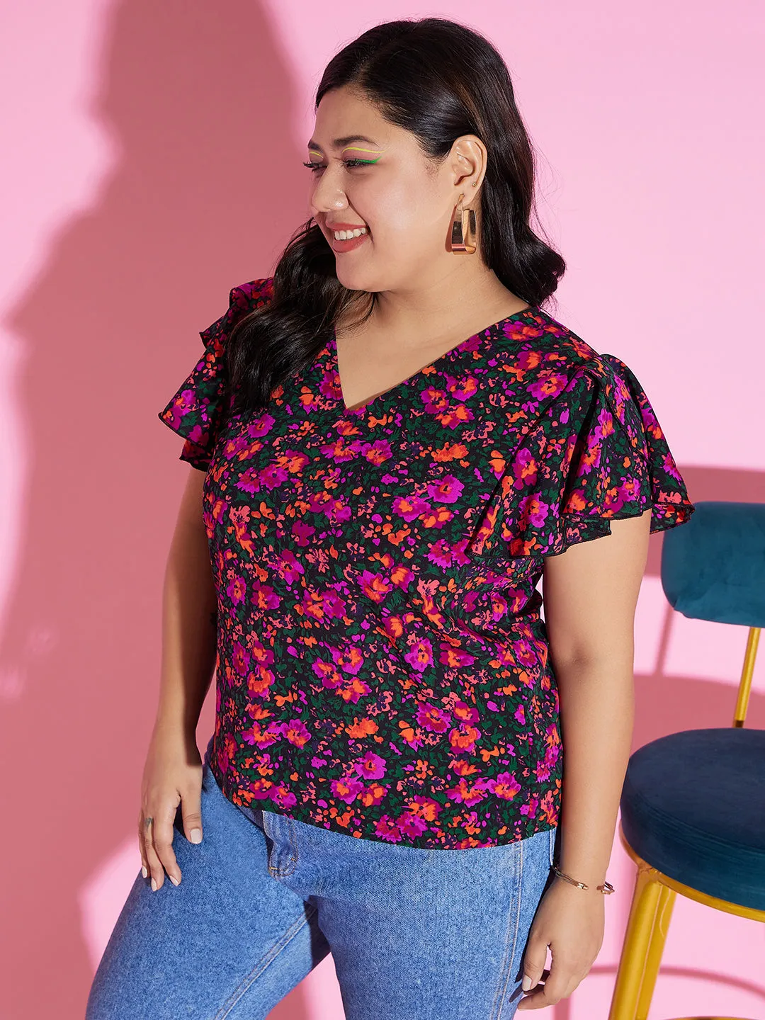 Berrylush Women Plus Size Purple & Green Floral Printed V-Neck Flutter Sleeve Crepe Ruffled Regular Top