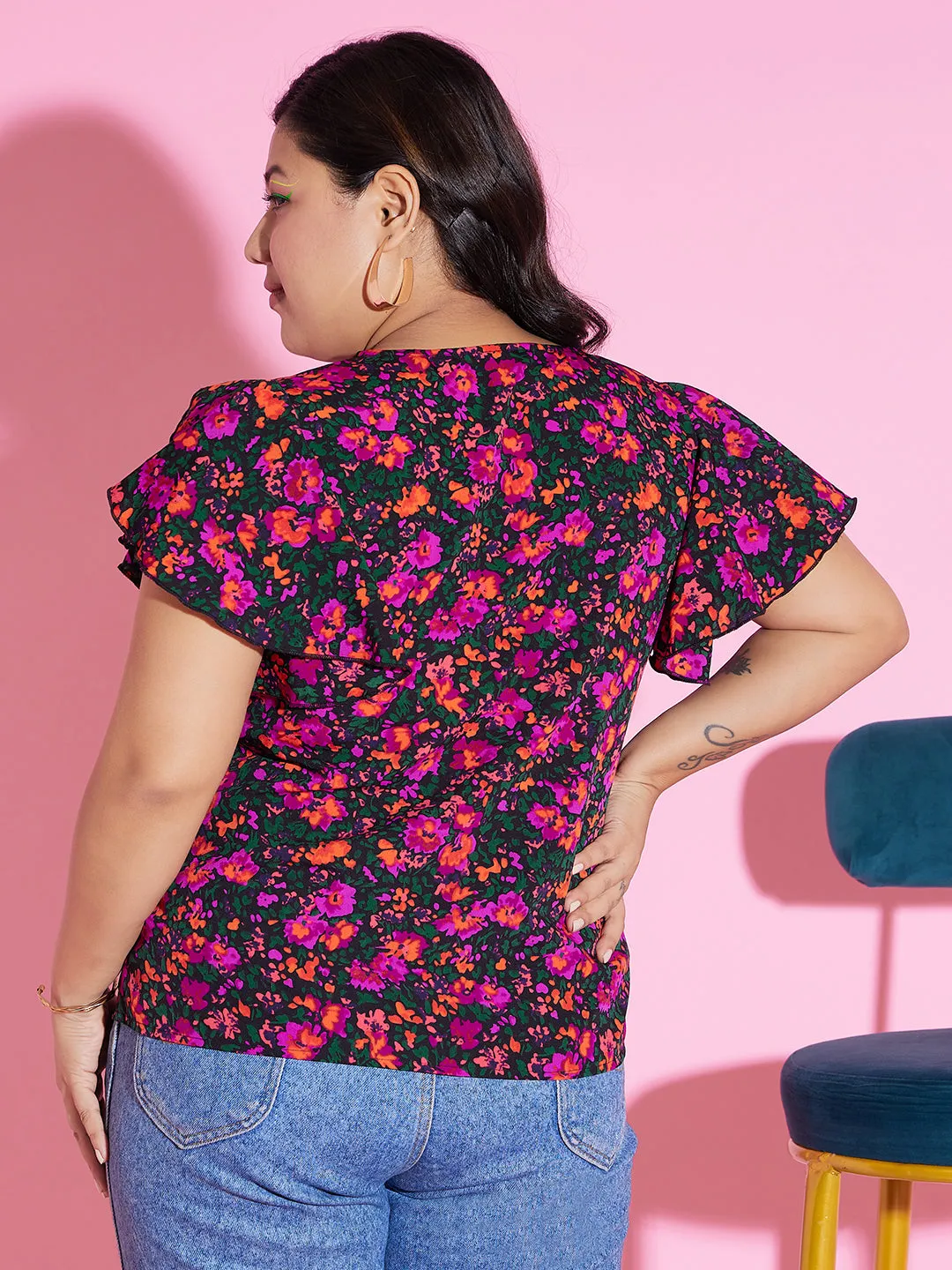 Berrylush Women Plus Size Purple & Green Floral Printed V-Neck Flutter Sleeve Crepe Ruffled Regular Top