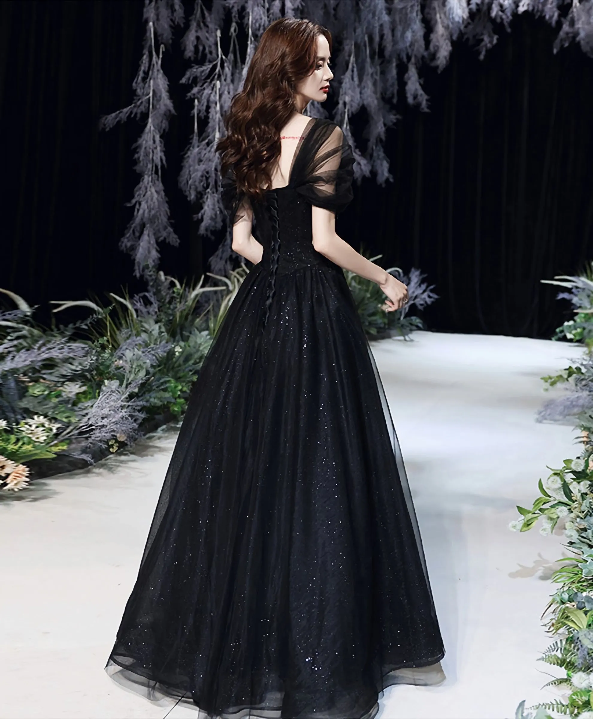 Black Tulle Lace Off Shoulder Long Prom Dress Black Evening Dress