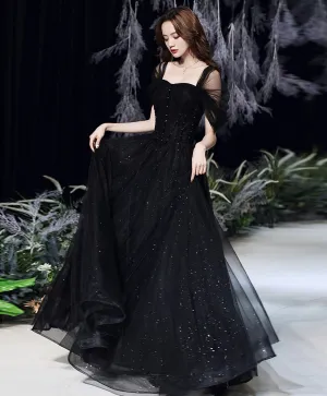 Black Tulle Lace Off Shoulder Long Prom Dress Black Evening Dress