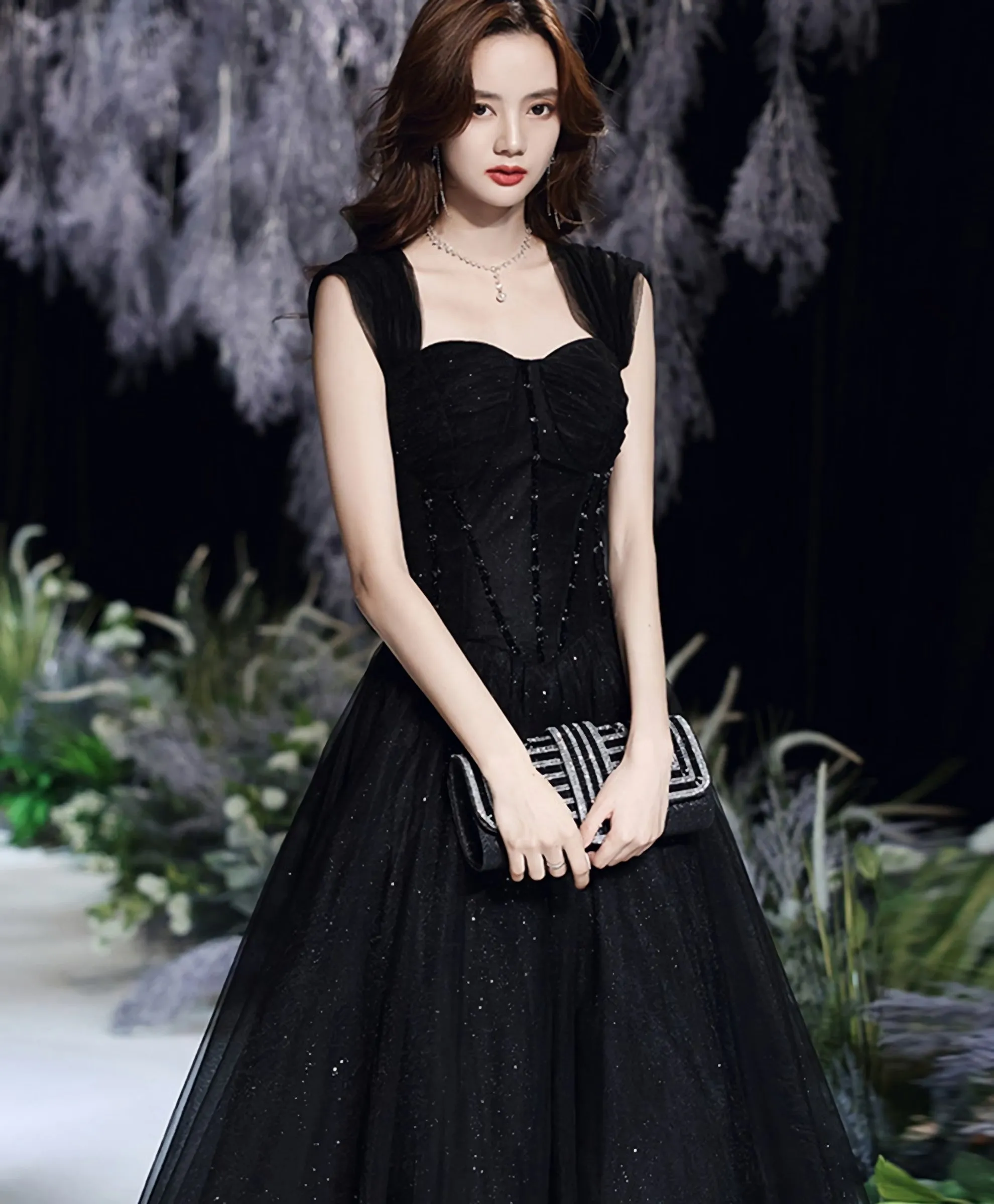 Black Tulle Lace Off Shoulder Long Prom Dress Black Evening Dress