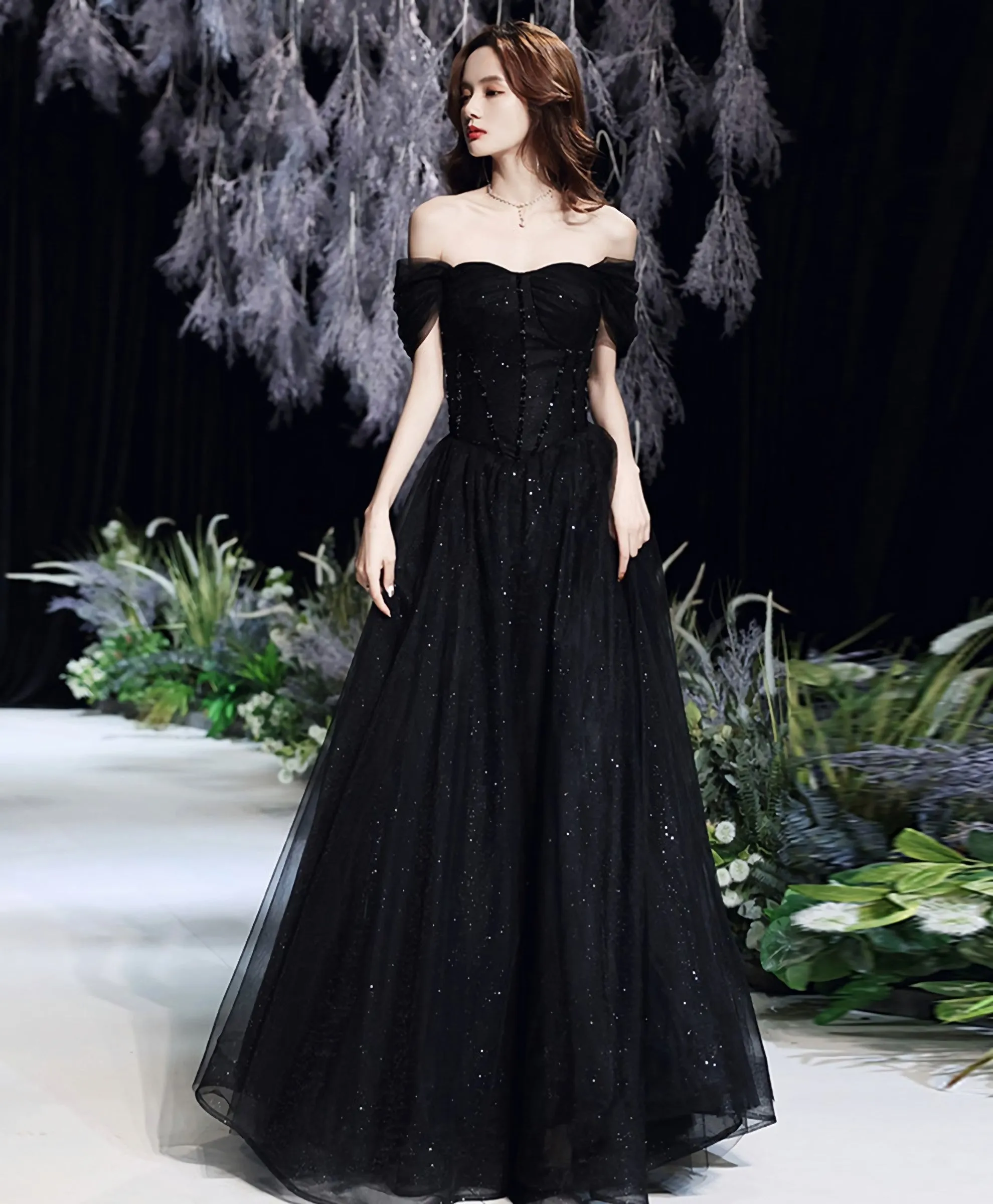 Black Tulle Lace Off Shoulder Long Prom Dress Black Evening Dress