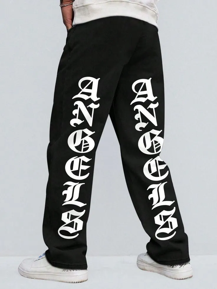 Black Vitage Letter Graphic Printed Straight Fit Baggy Jeans For Mens