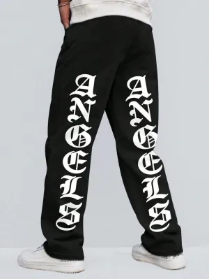 Black Vitage Letter Graphic Printed Straight Fit Baggy Jeans For Mens