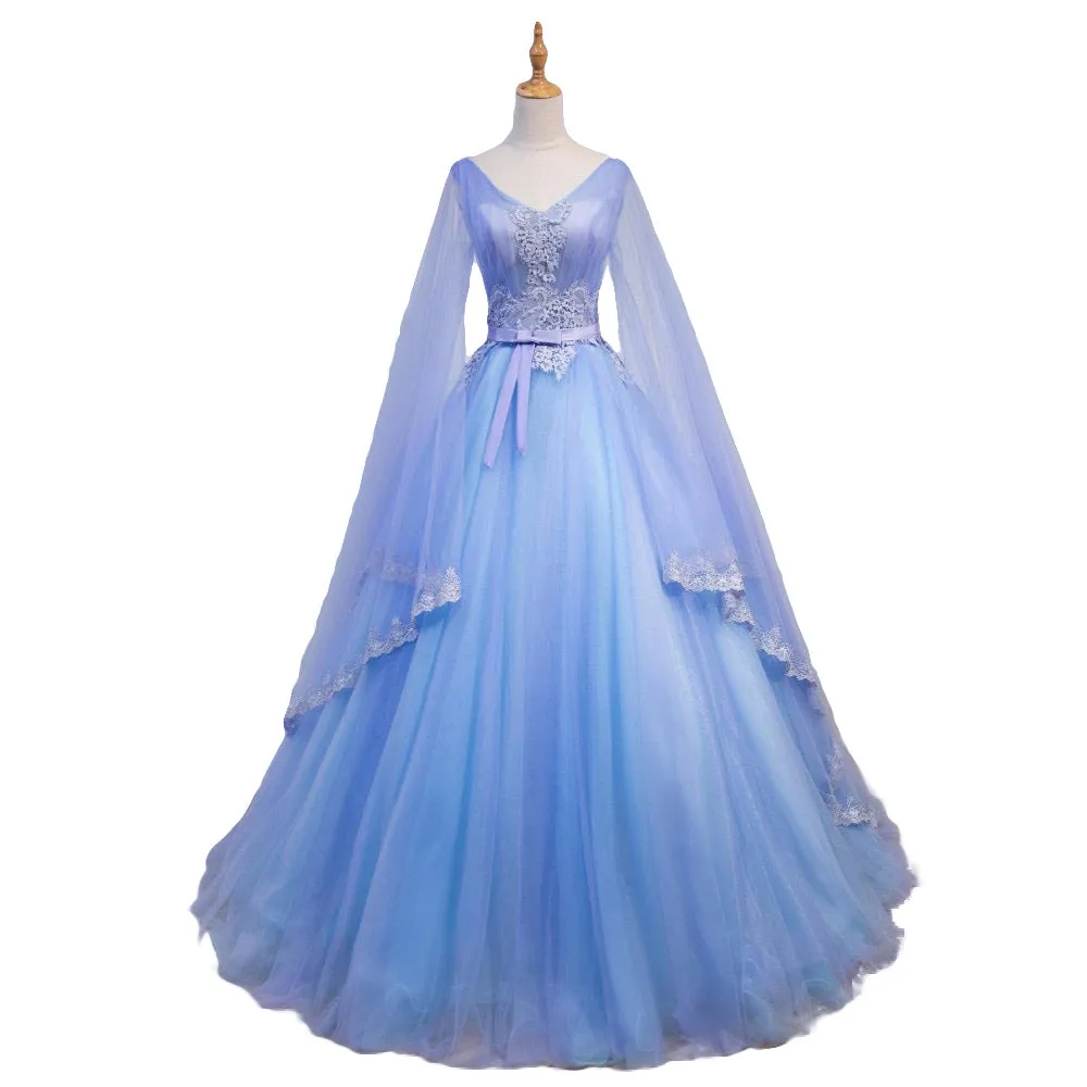 Blue V-neckline Prom Dress with Long Sleeves, Lace Applique Party Dress For Teen