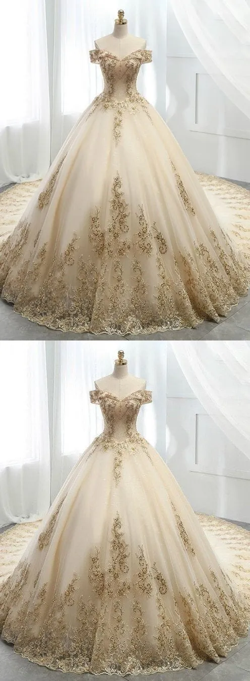 Champagne Ball Gown Tulle Gold Lace Appliques Wedding Dress