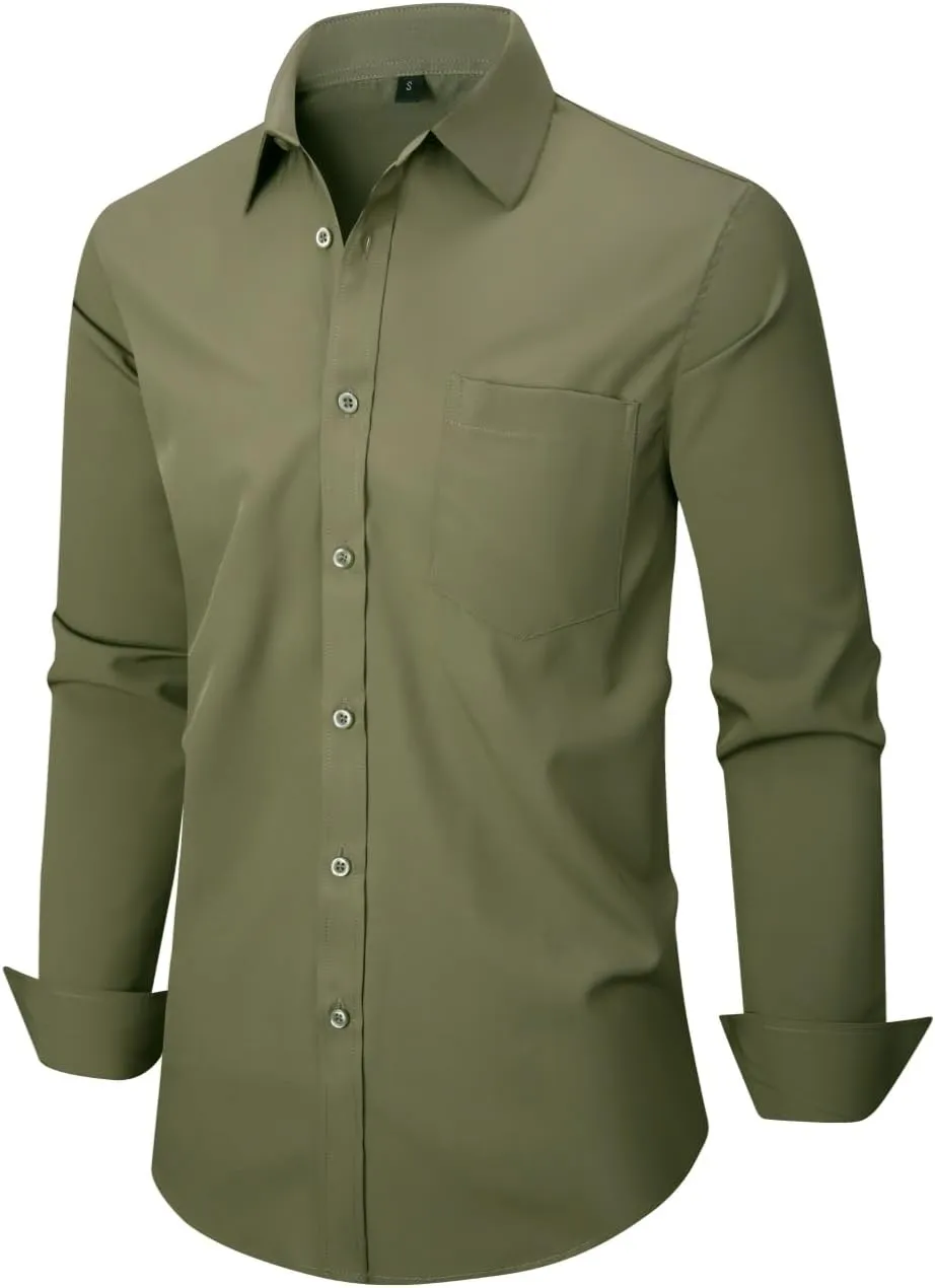 corfty Men Long Sleeve Dress Shirt - Regular Fit Stretch Free-Wrinkle Casual Button Down Shirt