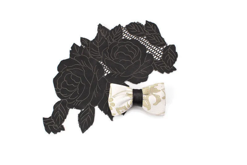 Cream and Black Leather Mini Bow Tie Clip Hair Bow Clip