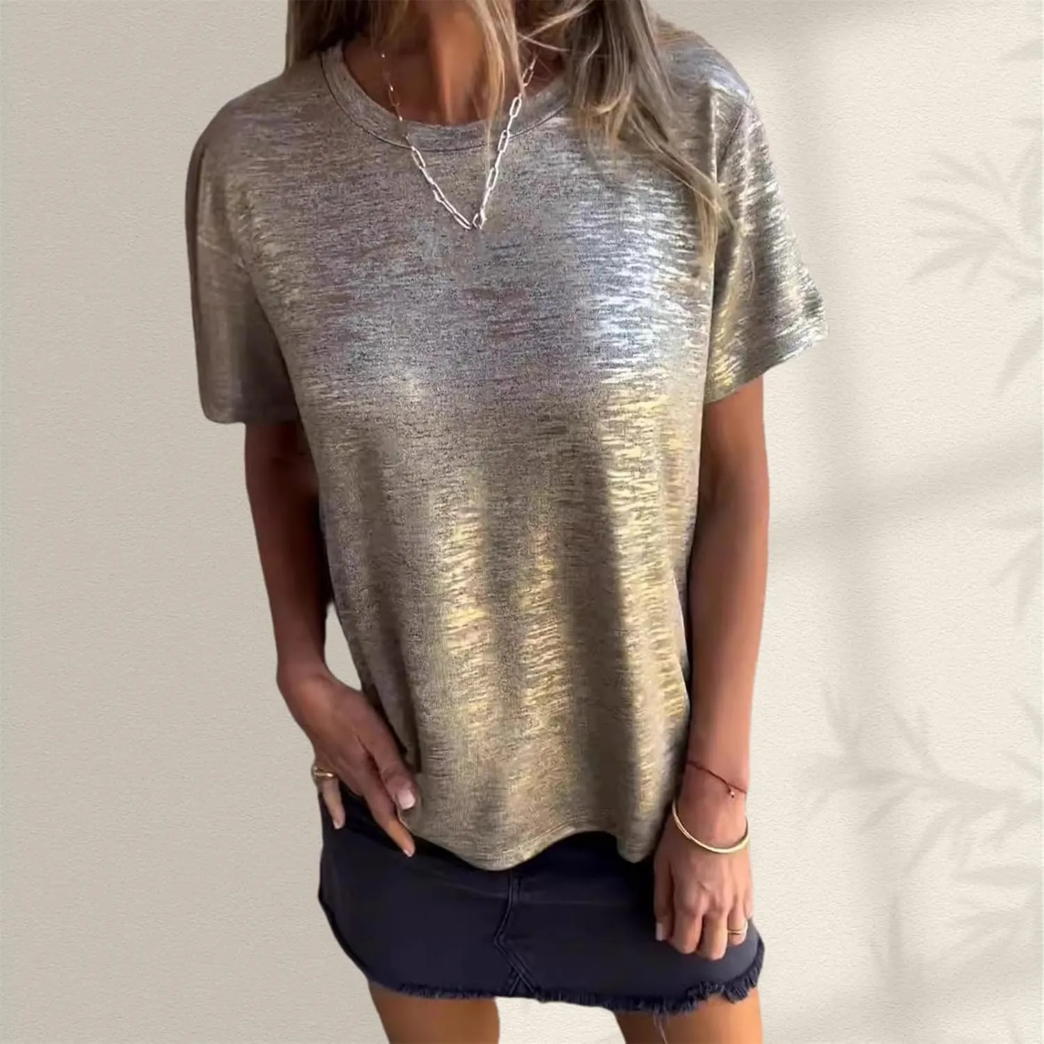 Emboadlie Gold Foil Short-Sleeved T-Shirt, Women's Round Neck Short-Sleeved Summer T-Shirt Comfortable and Breathable