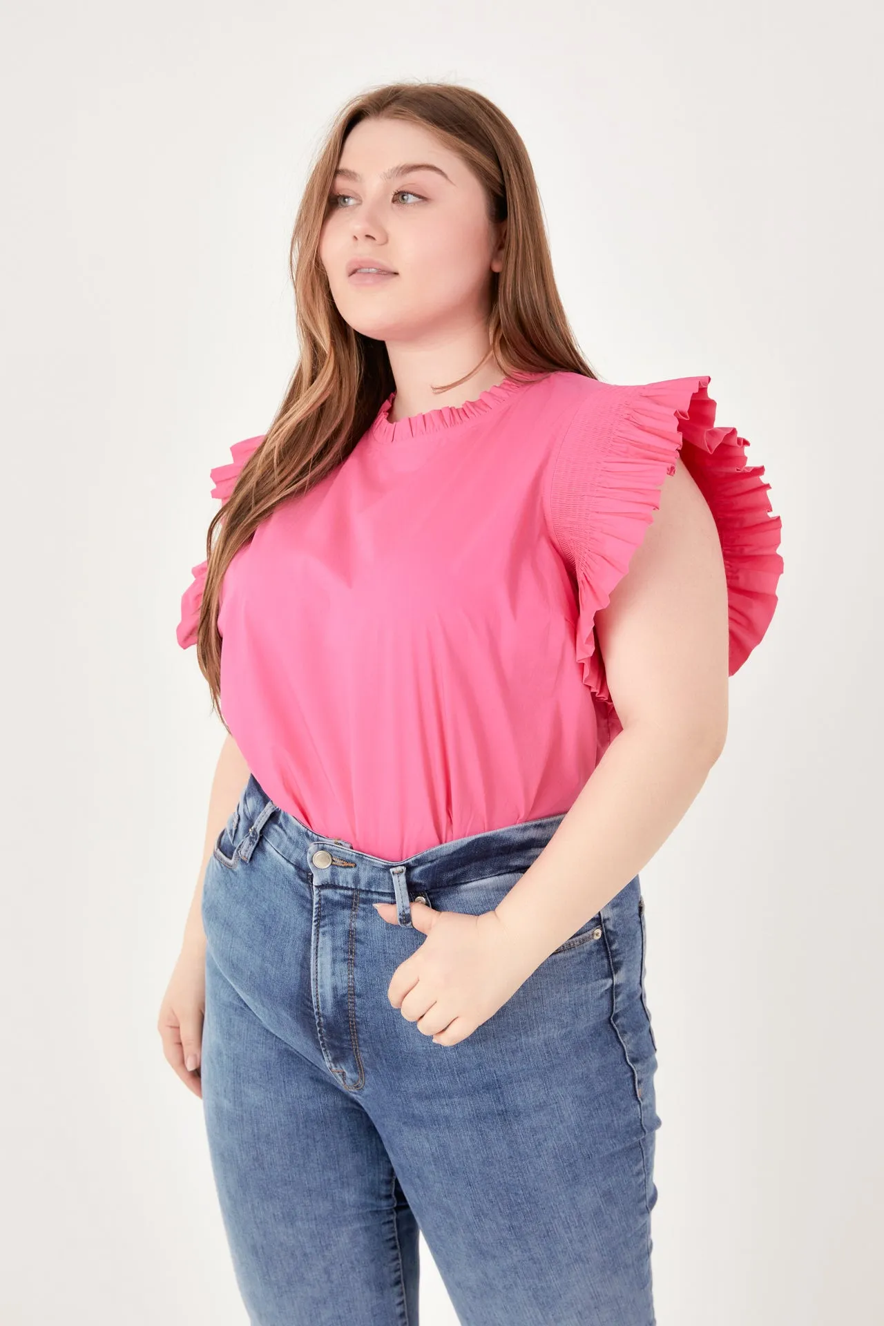 English Factory - Plus Size Ruffle Sleeve Poplin Top