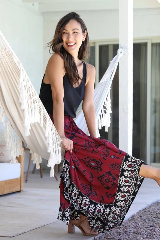 Ethnic Border Print Handkerchief Midi Skirt - Wine