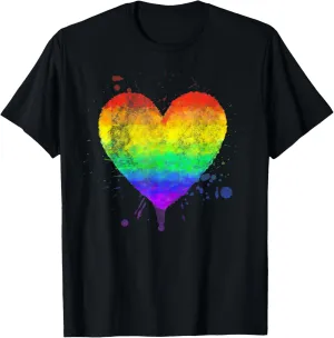 Faded Style Hand Drawn Rainbow Heart Gay Pride Paint Splash T-Shirt