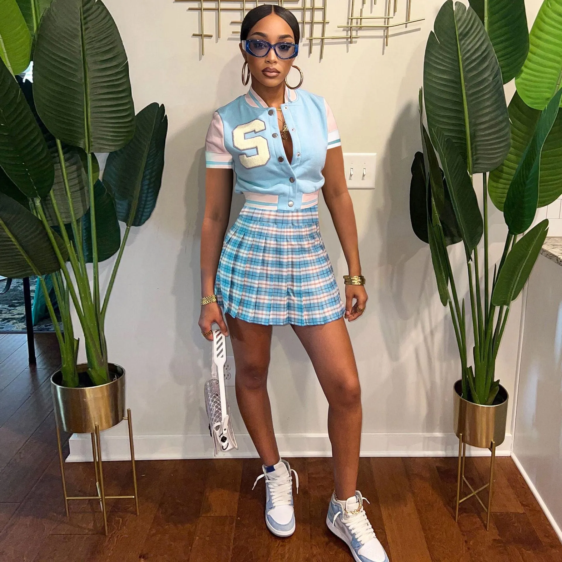 Fashion baseball check print skirt suit（AY1829）