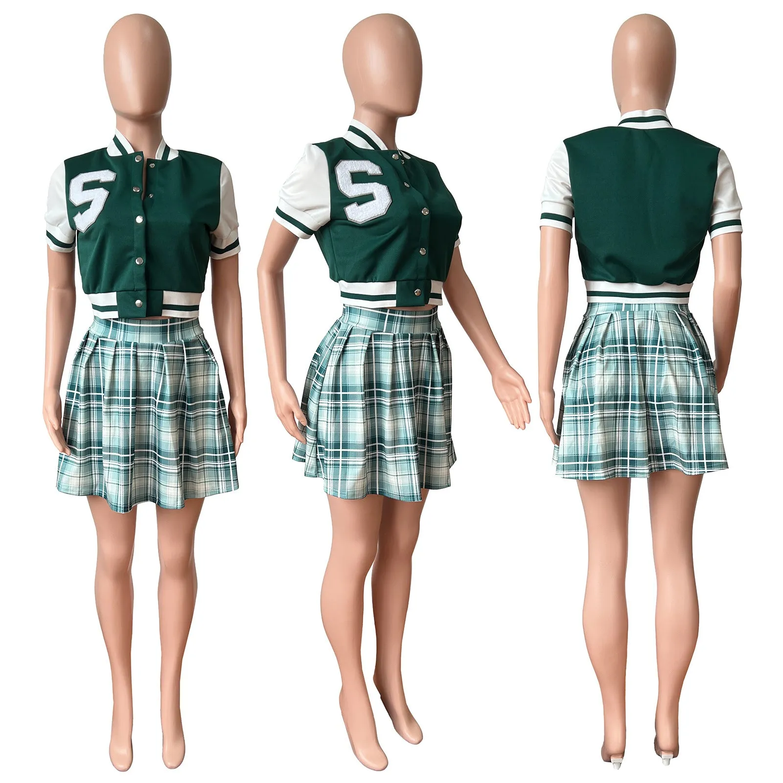 Fashion baseball check print skirt suit（AY1829）
