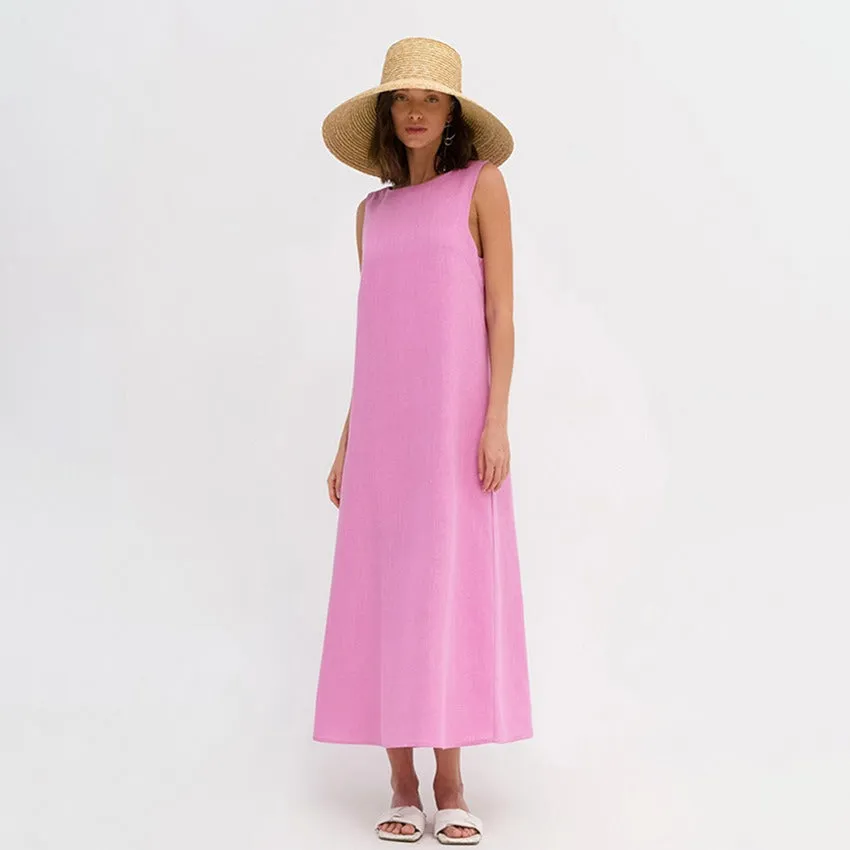 Fashion vest dress female French loose round neck cotton and linen A-line dress