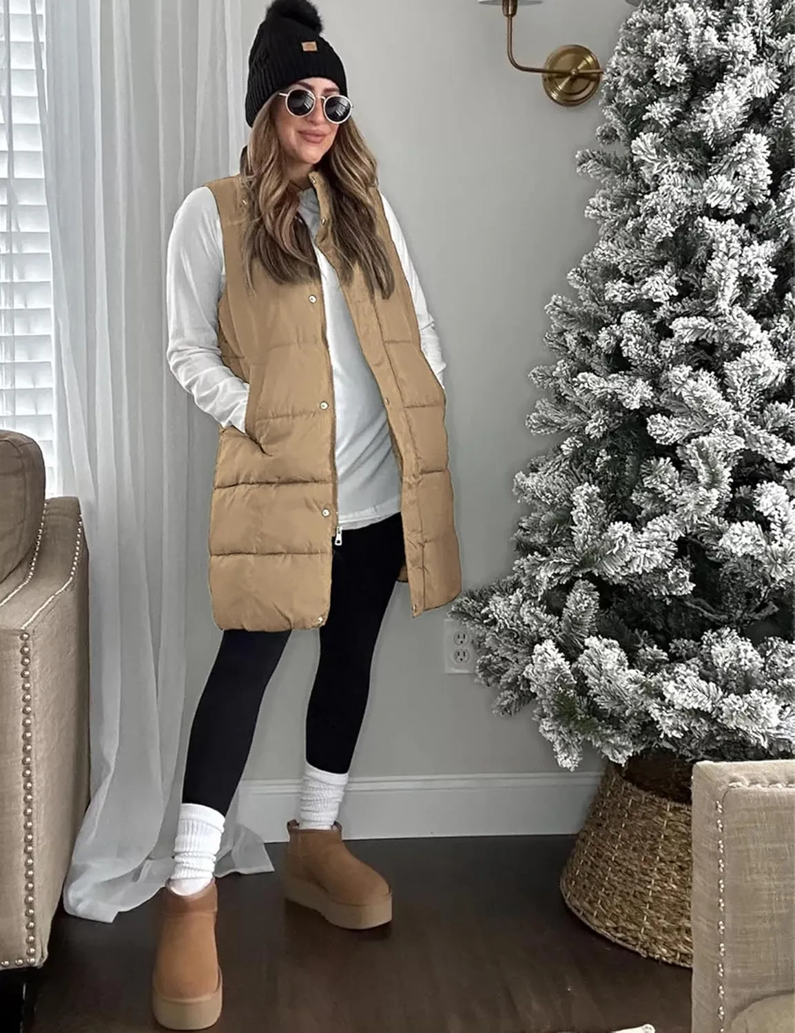 Fiona Jolin Long Puffer Vest Women Sleeveless Hooded Puffy Jacket Coat Outerwear Vest Gilet
