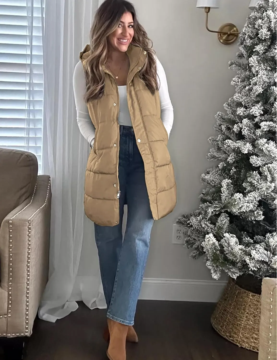 Fiona Jolin Long Puffer Vest Women Sleeveless Hooded Puffy Jacket Coat Outerwear Vest Gilet