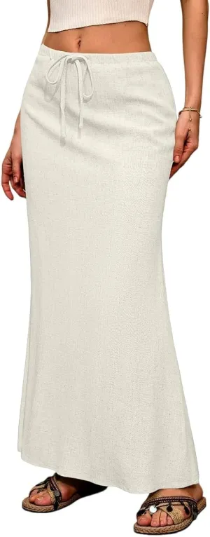 Flared Maxi Skirt for Women Summer Comfortable Drawstring High Waisted Skort Casual Solid Color A Line Beach Skirts