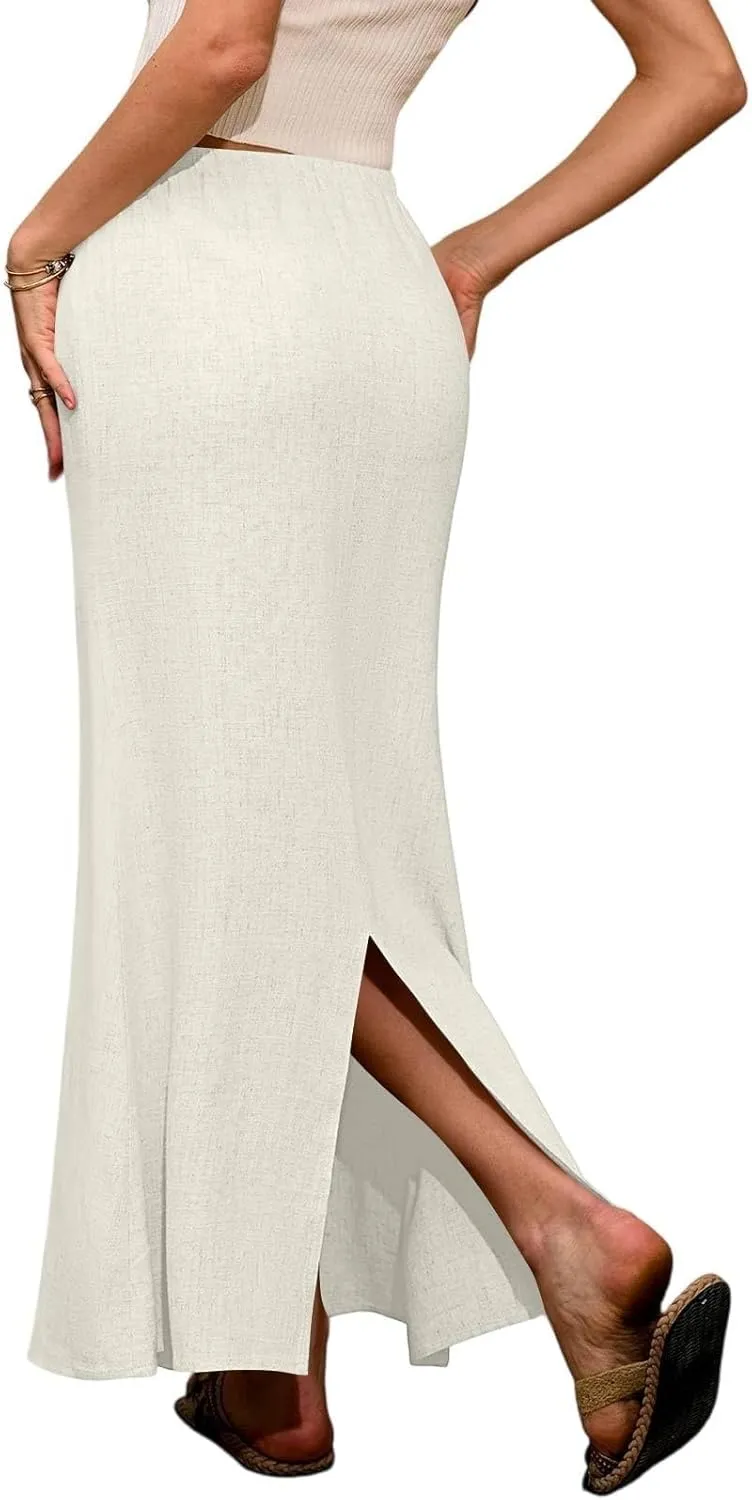 Flared Maxi Skirt for Women Summer Comfortable Drawstring High Waisted Skort Casual Solid Color A Line Beach Skirts