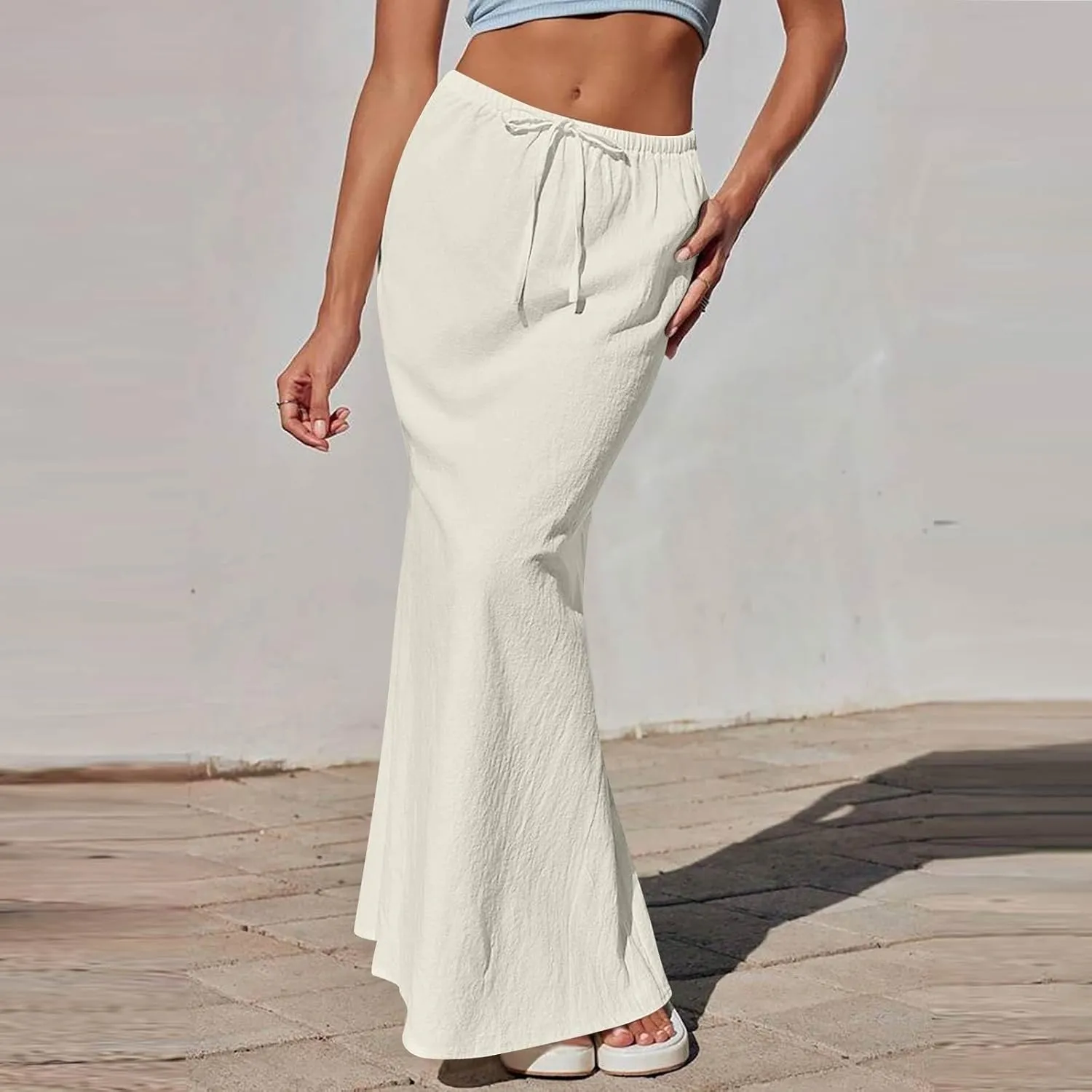 Flared Maxi Skirt for Women Summer Comfortable Drawstring High Waisted Skort Casual Solid Color A Line Beach Skirts
