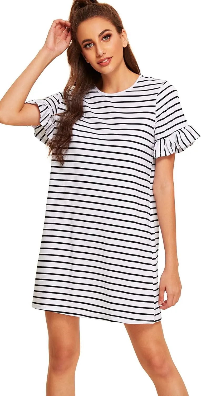 Floerns Women's Summer Casual Ruffle Short Sleeve Tunic Striped T-Shirt Dress