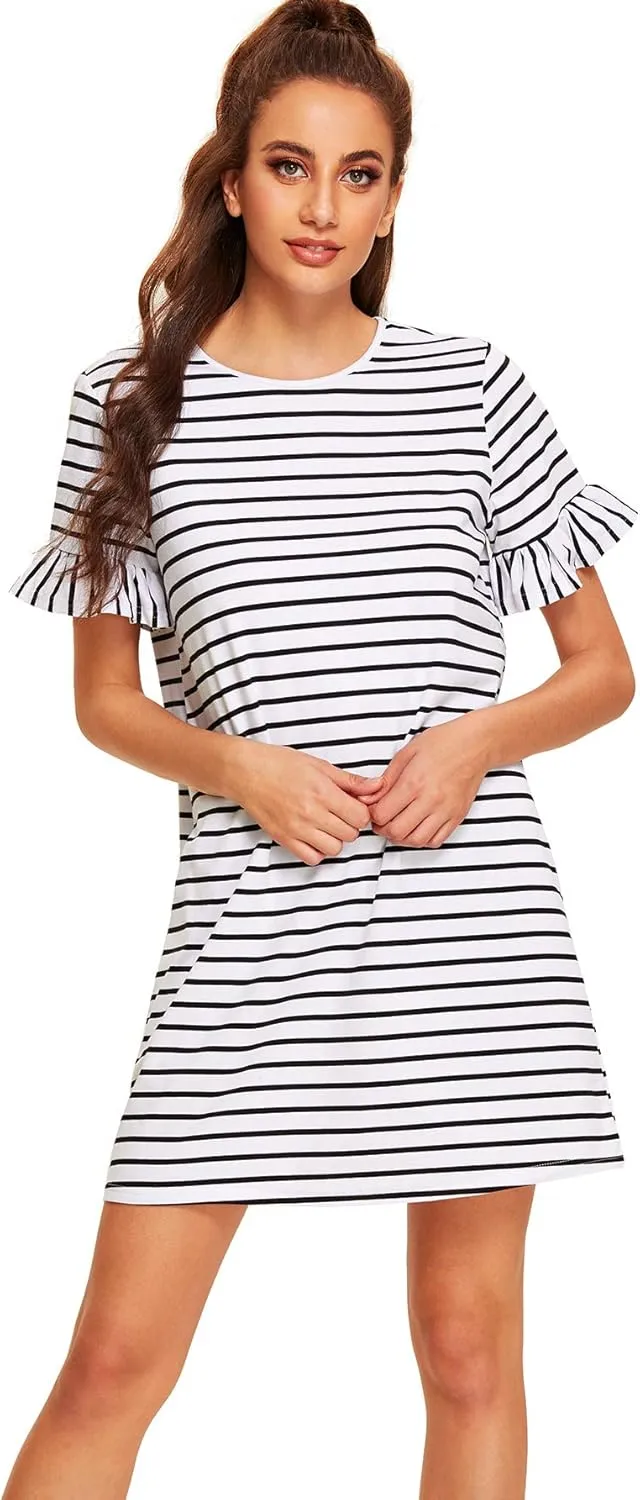 Floerns Women's Summer Casual Ruffle Short Sleeve Tunic Striped T-Shirt Dress
