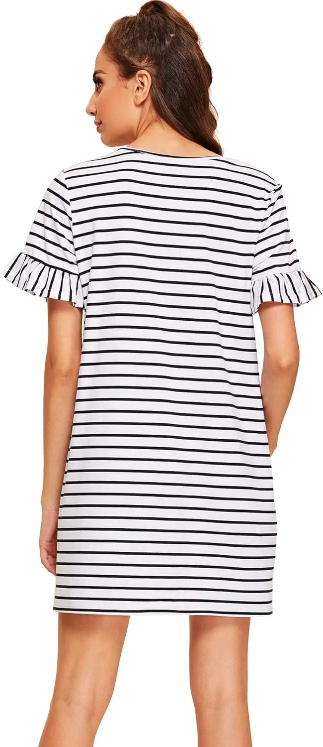 Floerns Women's Summer Casual Ruffle Short Sleeve Tunic Striped T-Shirt Dress