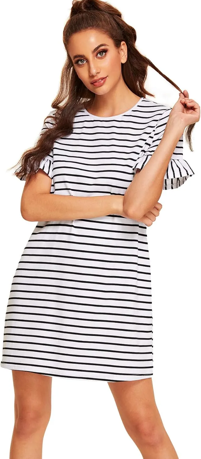 Floerns Women's Summer Casual Ruffle Short Sleeve Tunic Striped T-Shirt Dress