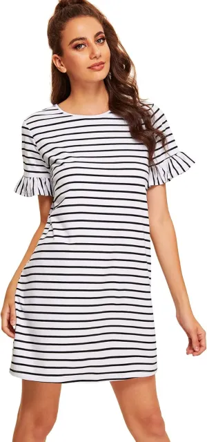 Floerns Women's Summer Casual Ruffle Short Sleeve Tunic Striped T-Shirt Dress