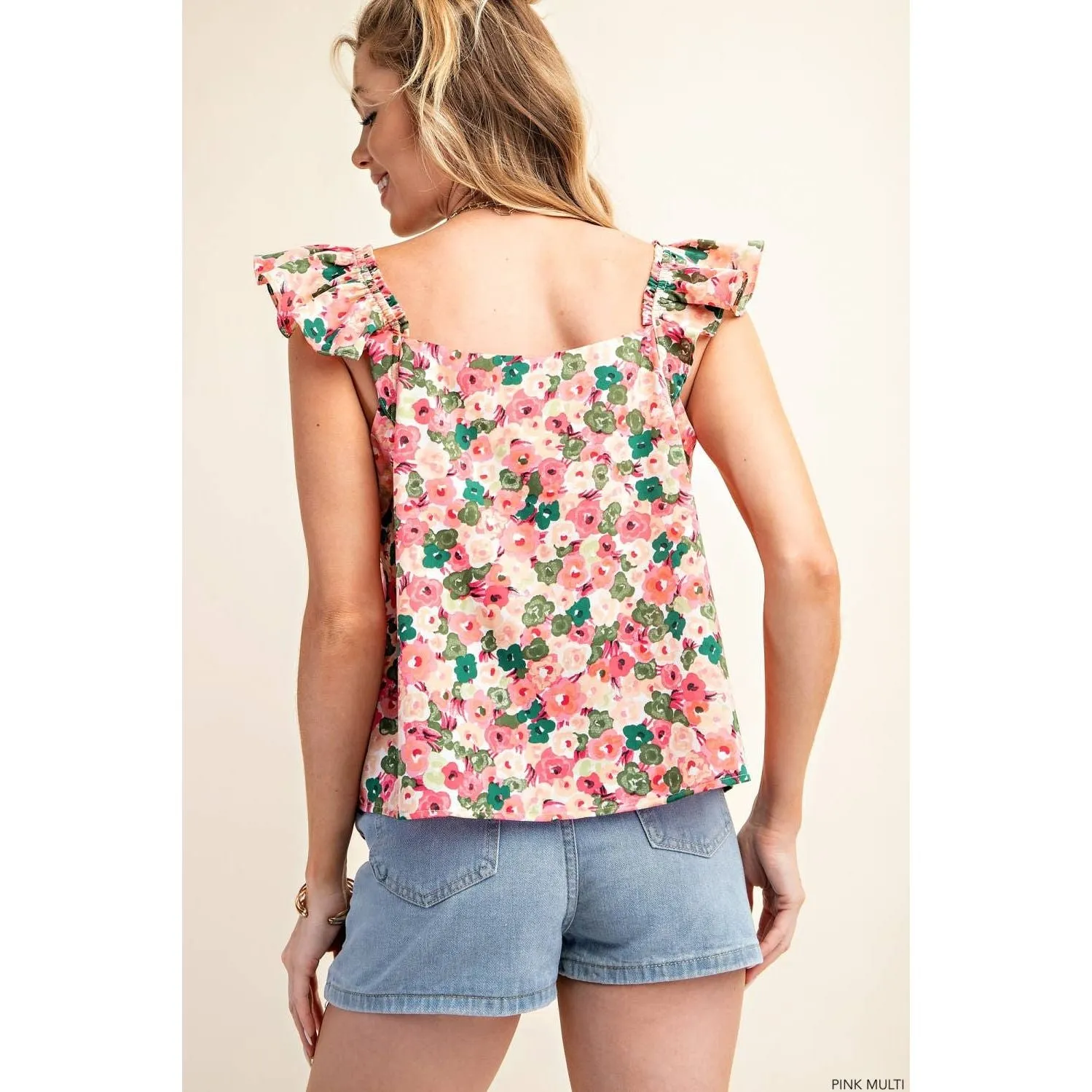 Flowery Peach Skin Fabric Square Neckline Top